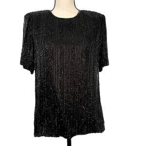 Vintage Cynthia Taylor Black Bead Short Sleeve Top Womens Size Small 2001 NWT
